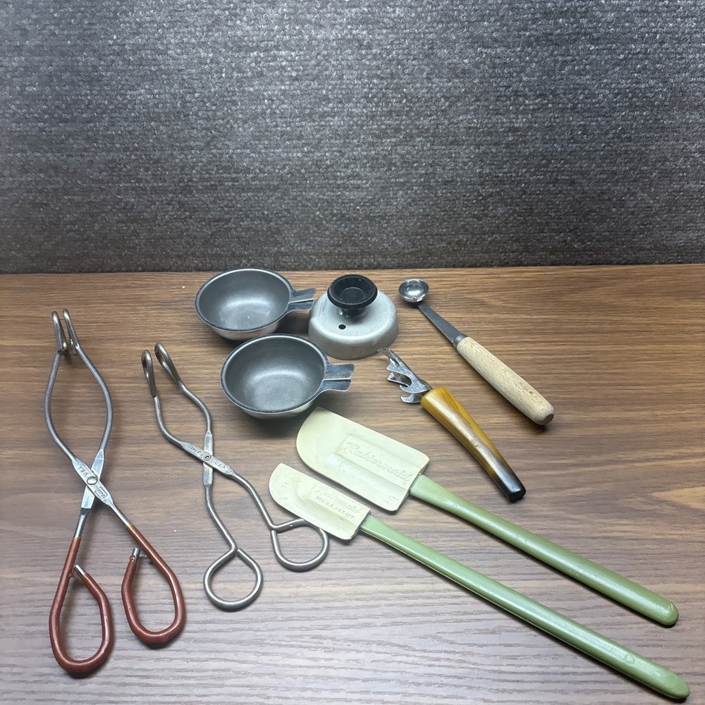 9 Vintage Kitchen Utensils Lot EKCO Rubbermaid Olive Green Primitive USA Made